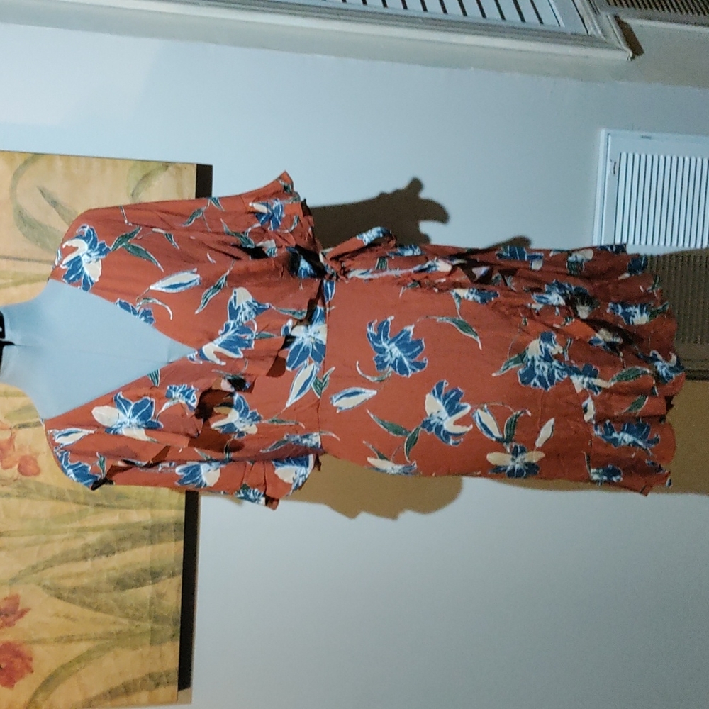 faux wrap dress size Large. Brownish-orange and bluish-gray floral. No stretch